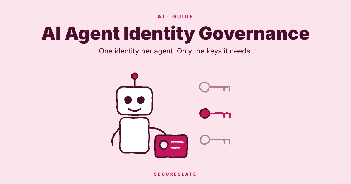 AI agent identity governance sketch: a hand-drawn robot holding an ID badge beside a set of keys with only one key highlighted