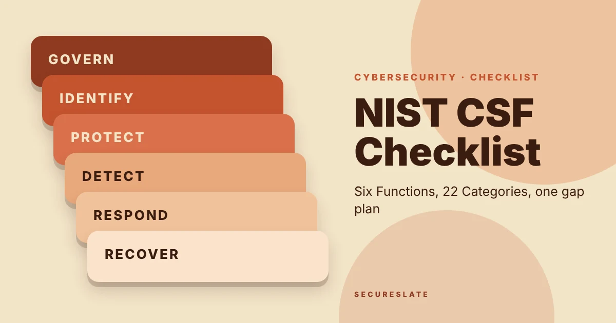 NIST CSF checklist illustration: layered paper-cut shapes forming six stacked tabs beside a checklist