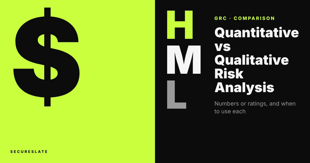 Quantitative vs qualitative risk analysis poster: a dollar sign on one side and High, Medium, Low labels on the other