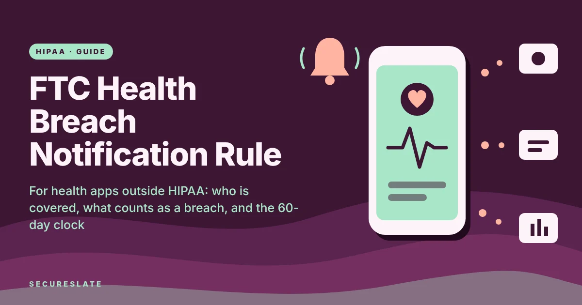 FTC Health Breach Notification Rule illustration: a fitness and health app on a phone sending data to outside parties, with a notification bell alerting users and the FTC