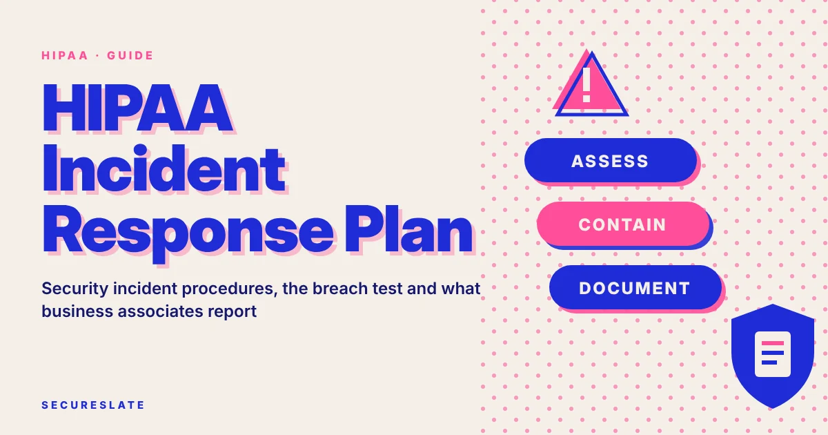 HIPAA incident response plan illustration: a bold typographic poster showing an alert moving through assess, contain and document stages beside a shielded patient record