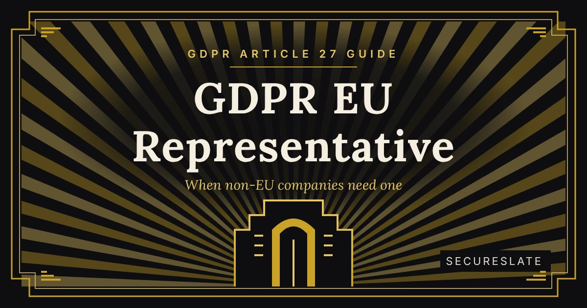 GDPR EU representative illustration: an Art Deco poster in black and gold with sunburst rays behind a stepped doorway, symbolising a non-EU company's point of contact in the Union