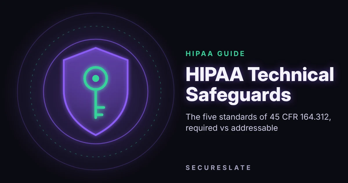 HIPAA technical safeguards illustration: a glowing violet and mint shield with a key inside concentric neon rings on a dark background, beside the guide title