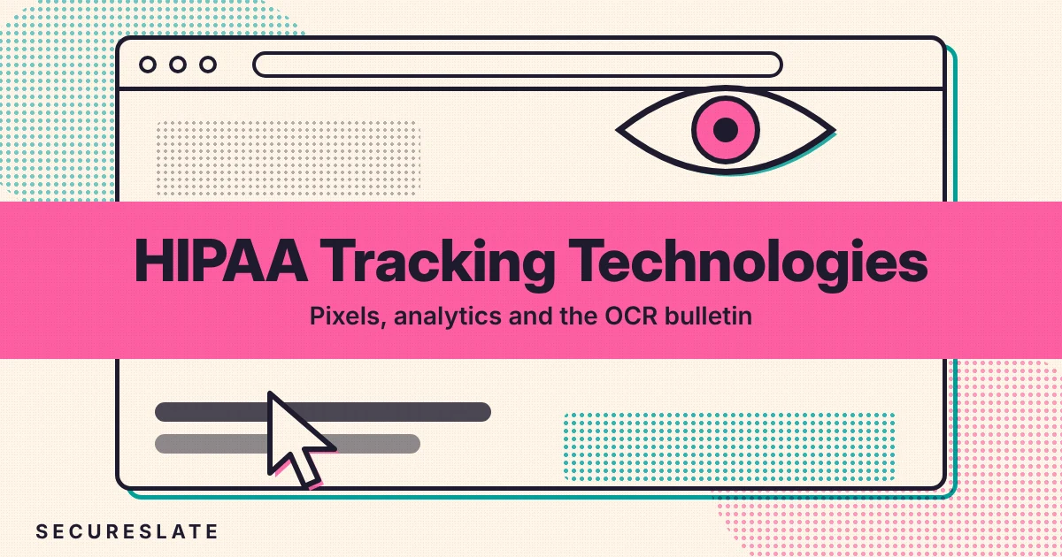 HIPAA tracking technologies illustration: a risograph print of a browser window with a cursor and an eye-shaped tracking tag icon under a pink title band