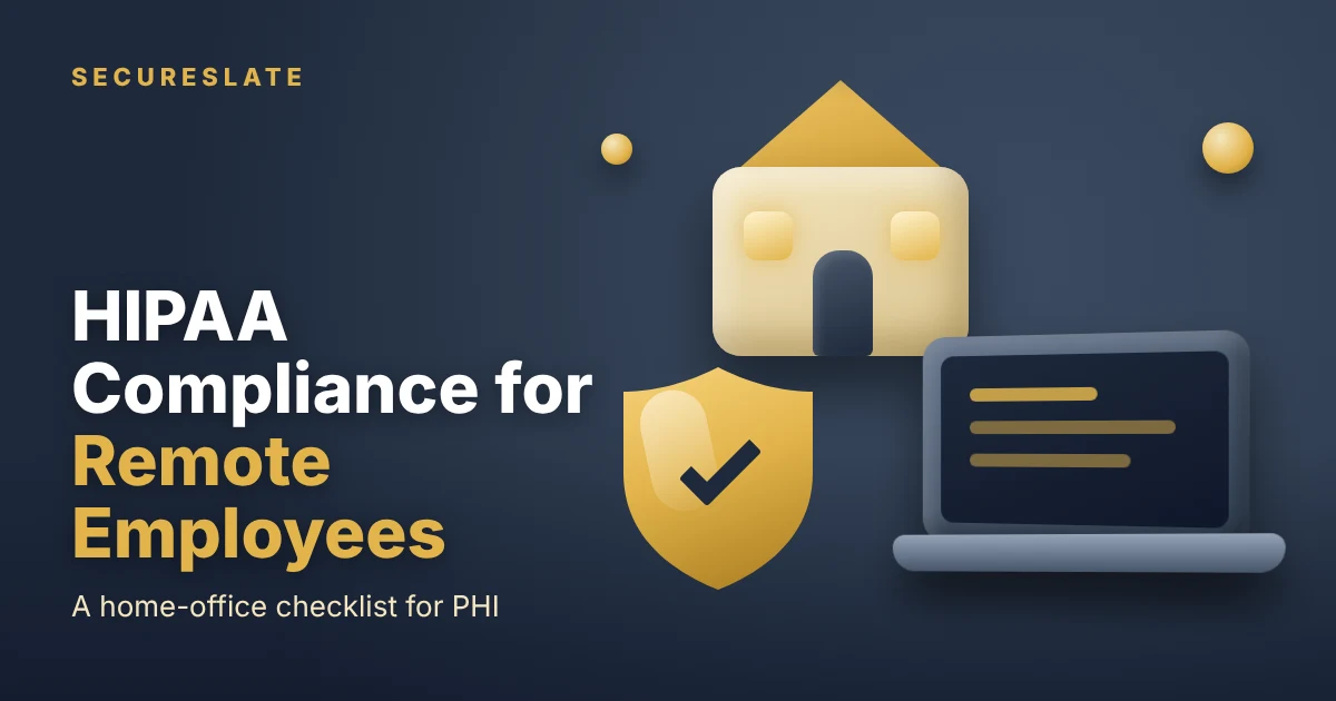 HIPAA compliance for remote employees illustration: soft 3D clay-style laptop, small house and gold shield on a dark slate background