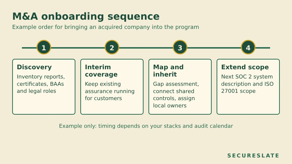 Example M&A compliance onboarding timeline: discovery and due diligence, then interim coverage, then control mapping and inheritance, then scope extension of reports and certificates, with phases labeled as an example sequence
