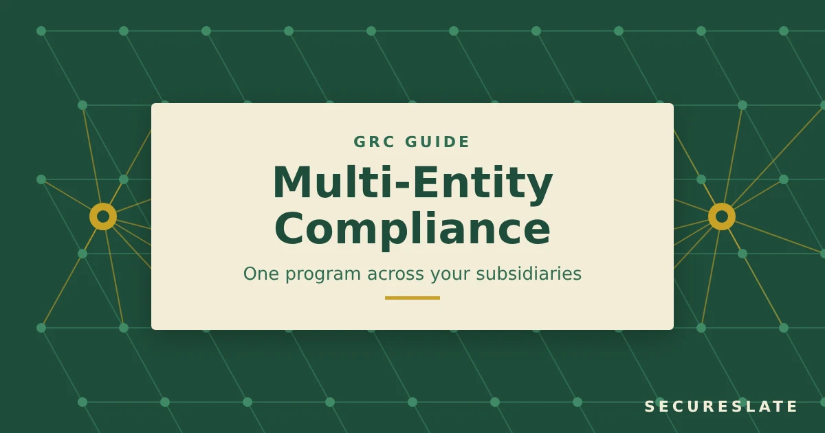 Multi-entity compliance illustration: a green grid of connected nodes linking a parent entity to several subsidiaries, titled Multi-Entity Compliance
