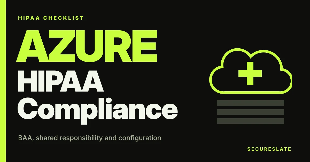 Azure HIPAA compliance poster: large lime typography on black with a stacked cloud and medical cross motif