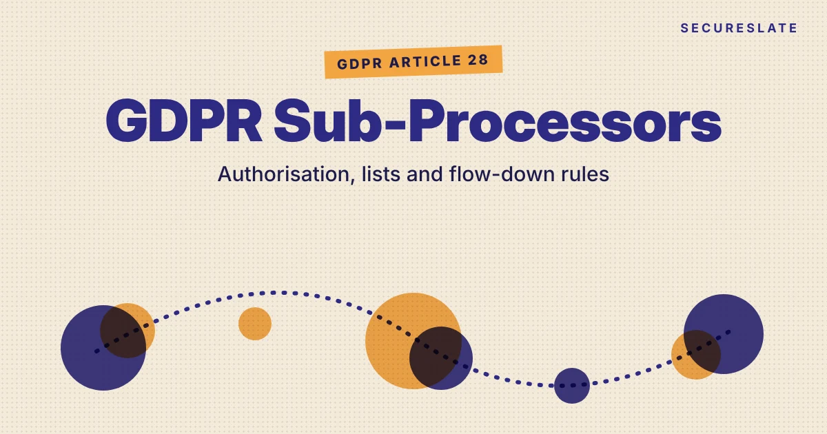GDPR sub-processors illustration: a chain of linked data nodes passing from controller to processor to sub-processors in indigo and amber