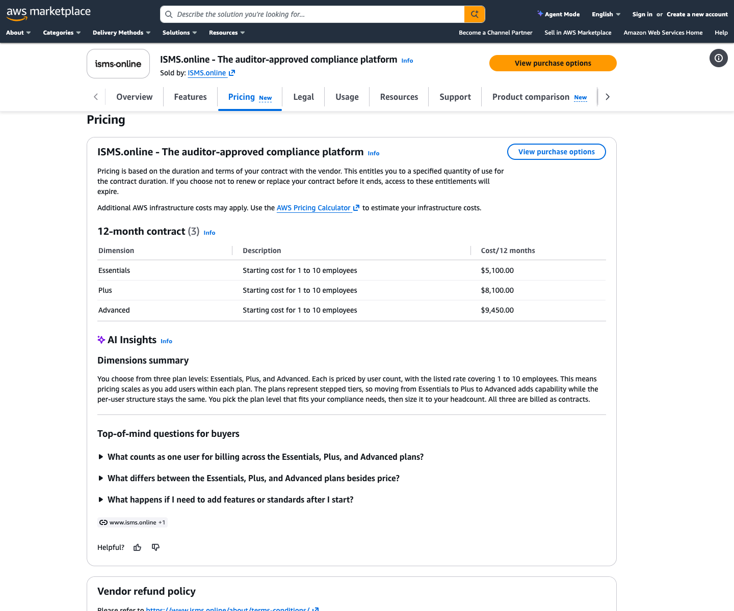 ISMS.online AWS Marketplace pricing: Essentials $5,100, Plus $8,100, Advanced $9,450 per 12 months