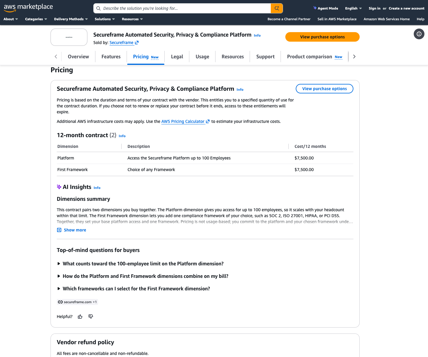 Secureframe AWS Marketplace pricing: Platform $7,500 and First Framework $7,500 per 12 months