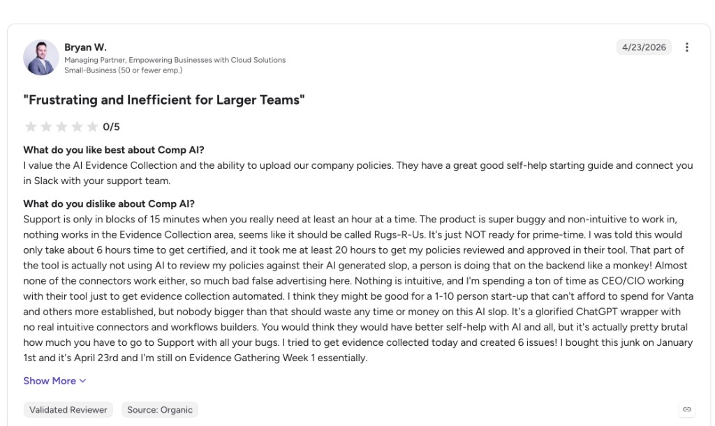 G2 review of Comp AI: Frustrating and Inefficient for Larger Teams — 0 stars