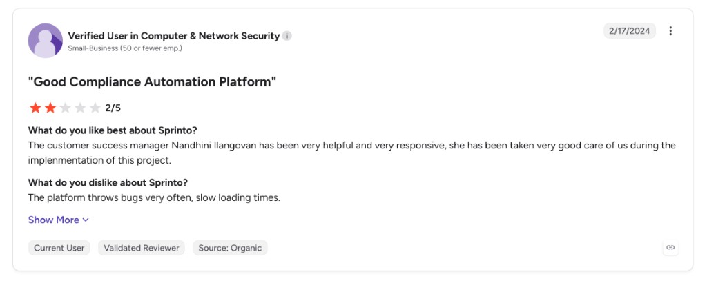 G2 review of Sprinto: Good Compliance Automation Platform — 2 stars, citing bugs and slow loading times