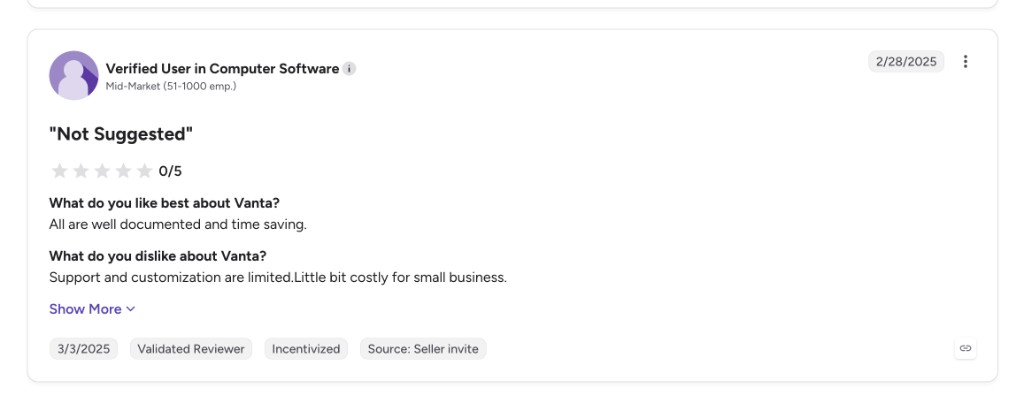 G2 review of Vanta: Not Suggested — 0 stars