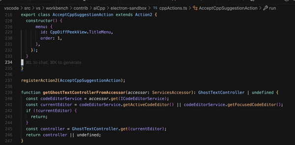 A screenshot of Visual Studio Code displays a TypeScript file named 'cppActions.ts', located in the 'vscode > src > vs > workbench > contrib > aiCpp > electron-sandbox' directory. The code defines a class 'AcceptCppSuggestionAction' that extends 'Action2', with a constructor setting a menu configuration. Below the class, the 'registerAction2' function is called to register 'AcceptCppSuggestionAction'. A helper function 'getGhostTextControllerFromAccessor' is defined, which retrieves a controller using an editor service. Syntax highlighting is active, and the editor is in a dark theme. A greyed-out message saying '⌘L to chat, ⌘K to generate' appears between lines of code.