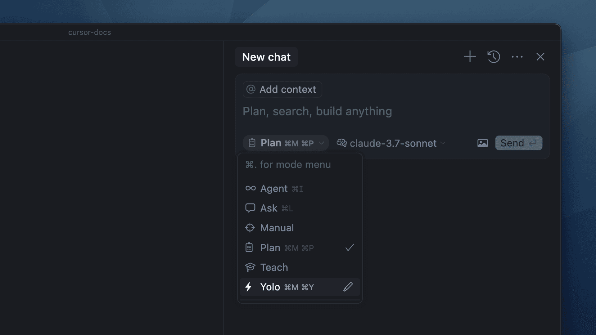 A screenshot of the Cursor editor interface showing a dropdown menu under the "Plan" mode selection. The menu includes several AI assistant modes: Agent, Ask, Manual, Plan (currently selected), Teach, and Yolo. Each mode has a corresponding keyboard shortcut. The interface is dark-themed, and the selected model is "claude-3.7-sonnet".