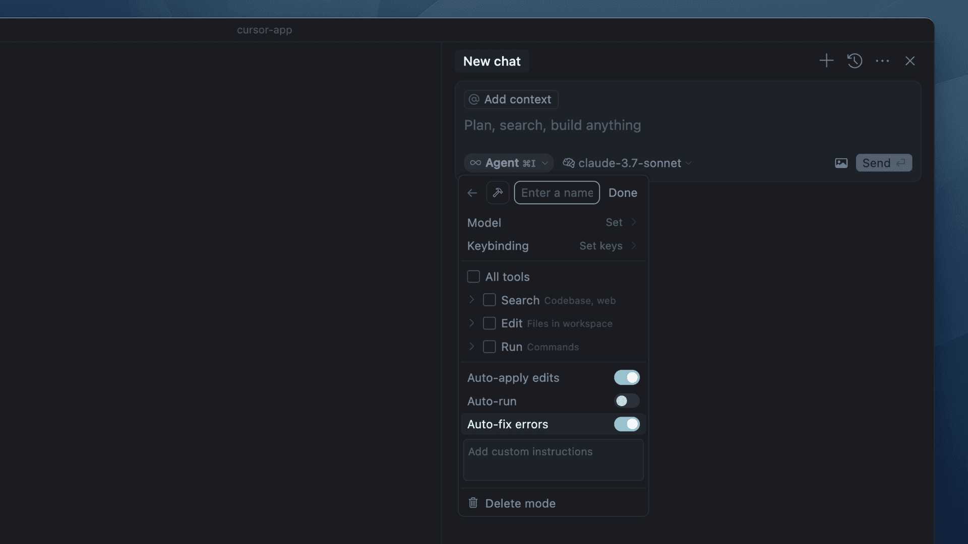 A screenshot of the Cursor editor interface showing the settings for a custom AI assistant mode named "Agent." The settings panel includes options to name the mode, set the model (currently "claude-3.7-sonnet"), configure keybindings, and enable tools such as Search, Edit, and Run. Toggles for "Auto-apply edits" and "Auto-fix errors" are enabled, while "Auto-run" is disabled. There is also a field for adding custom instructions and a button labeled "Delete mode" at the bottom. The interface has a dark theme.